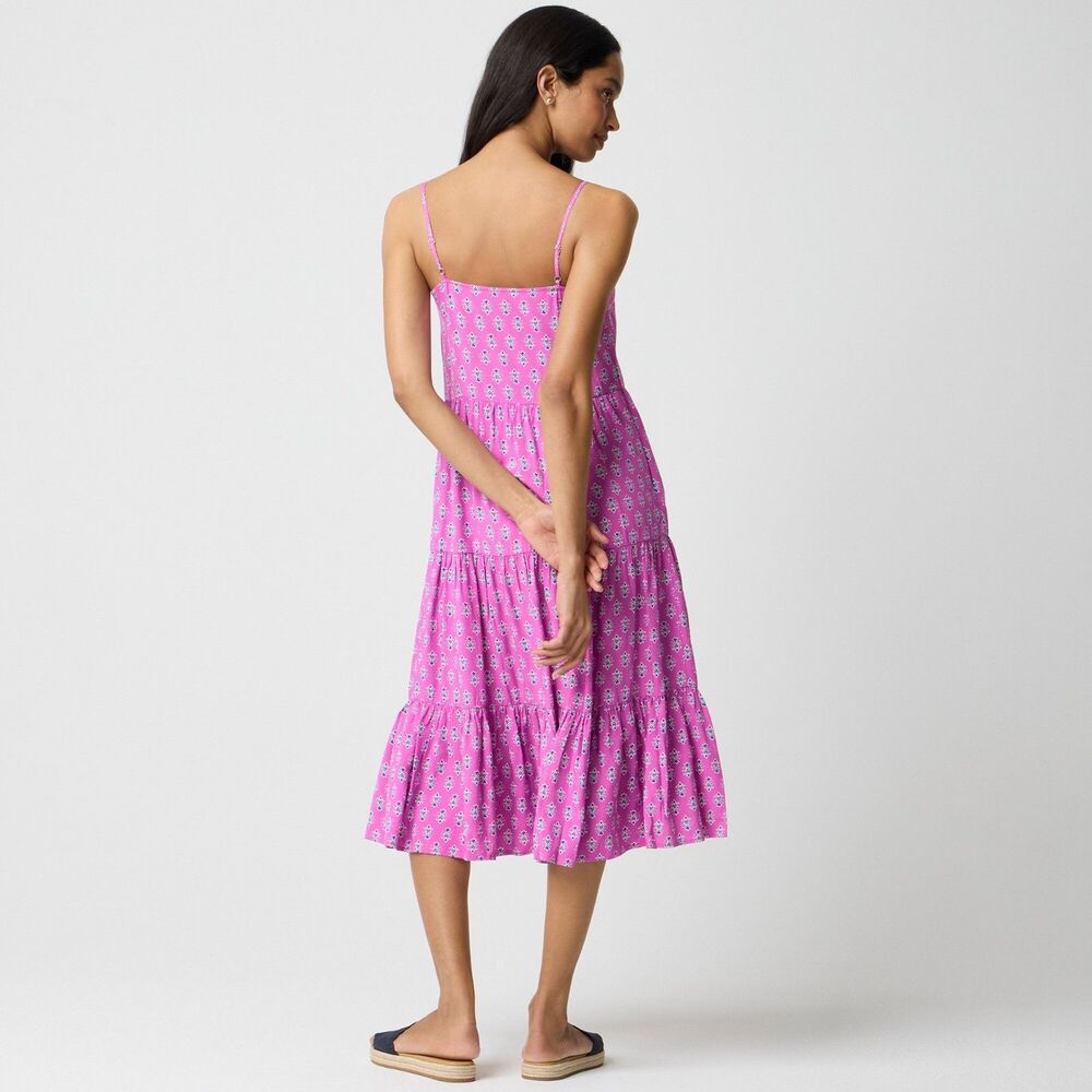 J. Crew Festive Pink Strappy Midi Dress Size 8 Cotton Tiered Button Front Boho